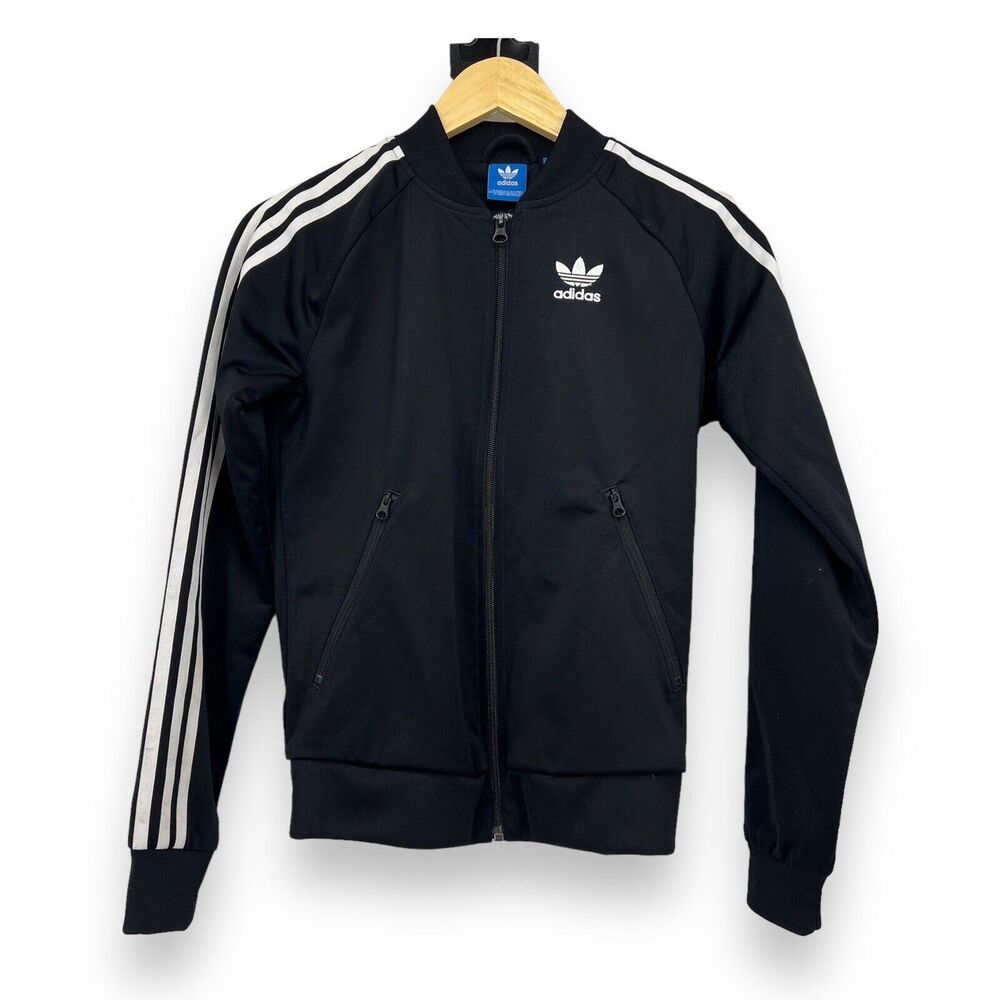 Adidas Originals Black Track Jacket Women Size XS White 3 Stripes Full Zip